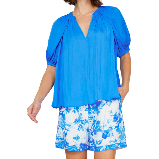 PUFF SLEEVE V-NECK BLOUSE AZURE