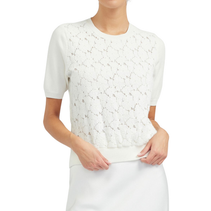 FLORAL LACE OVERLAY SWEATER WHITE