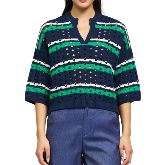 STRIPED CROCHET SWEATER NAVY