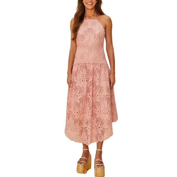 FARM Rio Blush Pink Palm Tree Eyelet Midi Dress, Blush Pink / M