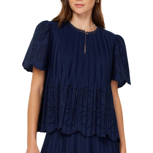 HALF SLEEVE PLEATED EYELET TOP NAVY
