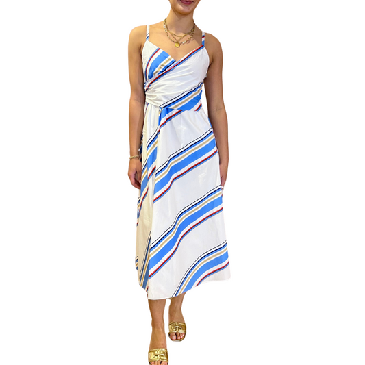 MULTI STRIPE WRAP DRESS BLUE