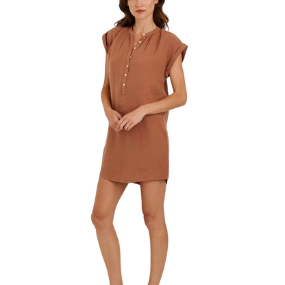 CAP SLEEVE HENLEY DRESS BROWN