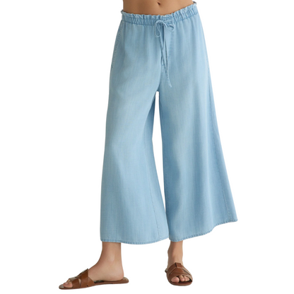 RUFFLE TIE WAIST WIDE LEG LIGHT WASH RIVIERA