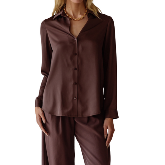 LONG SLEEVE SATIN BLOUSE ESPRESSO