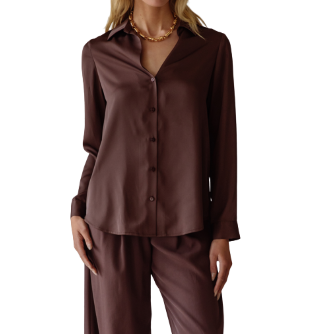 LONG SLEEVE BUTTON DOWN BLOUSE CHOCOLATE