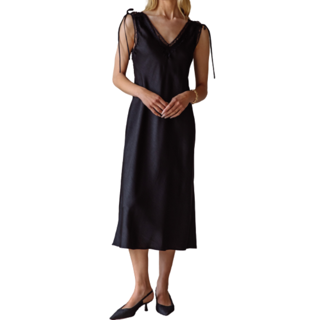 TIE LACE TRIM SLIP DRESS BLACK