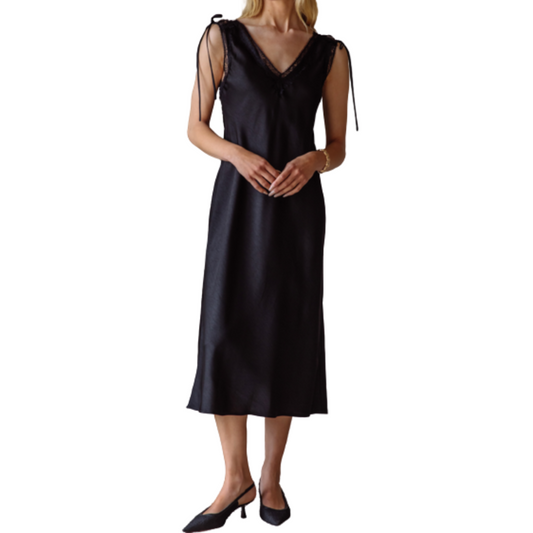 TIE LACE TRIM SLIP DRESS BLACK