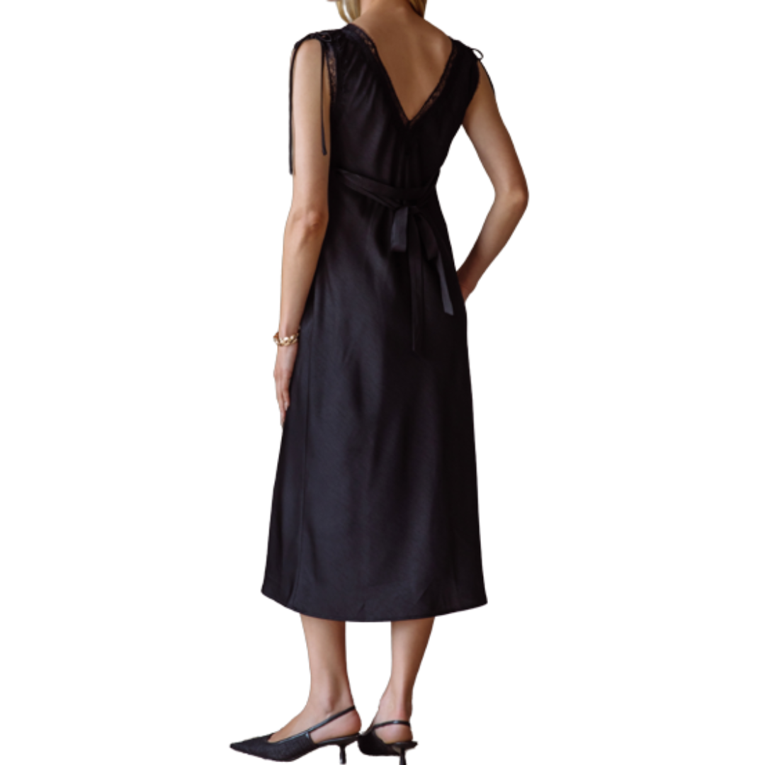 TIE LACE TRIM SLIP DRESS BLACK