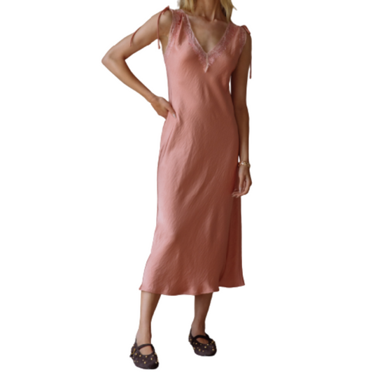 TIE LACE TRIM SLIP DRESS RUST