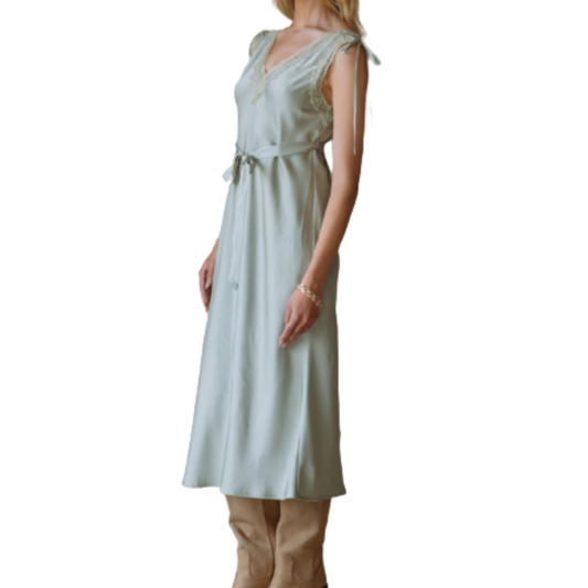 TIE LACE TRIM SLIP DRESS SAGE