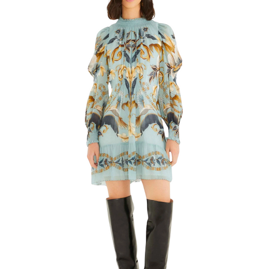 SNAKE GARDEN LONG SLEEVE MINI DRESS BLUE