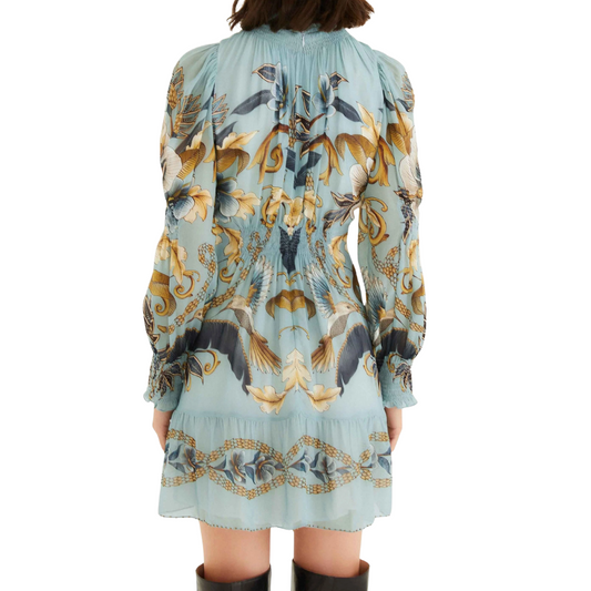 SNAKE GARDEN LONG SLEEVE MINI DRESS BLUE