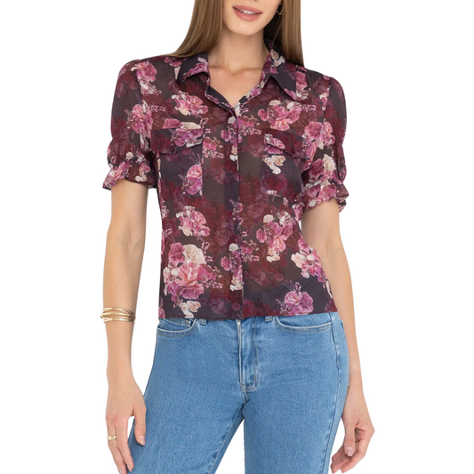 MINA FLORAL GEORGETTE SHIRT BURGUNDY