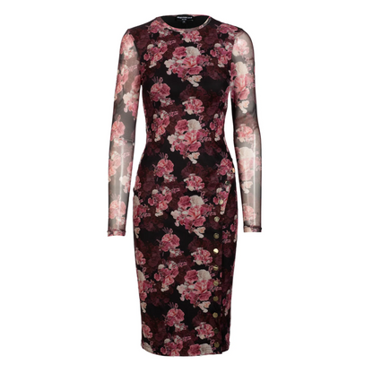 MONIQUE FLORAL MESH DRESS BURGUNDY