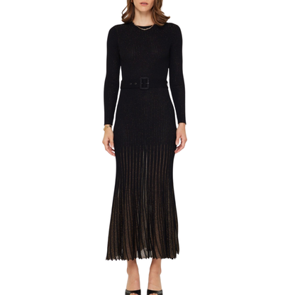 LONG SLEEVE ROUND NECK SWEATER DRESS BLACK/GOLD