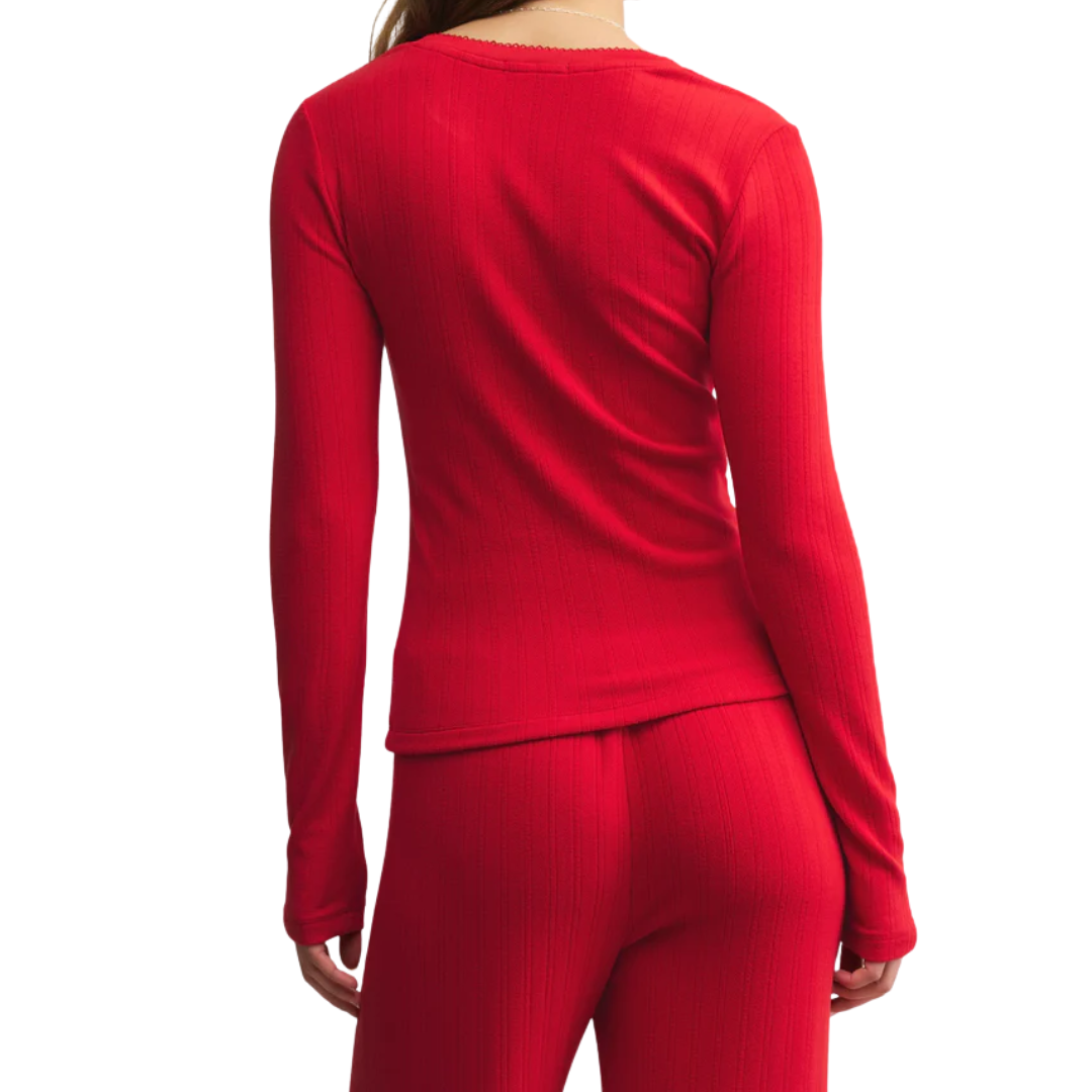 LONG SLEEVE HOLLY POINTELLE TOP FESTIVE RED