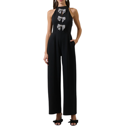 GLOW BOW HALTER JUMPSUIT BLACK
