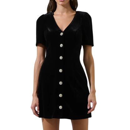 JACKSON VELVET BUTTON MINI DRESS BLACK