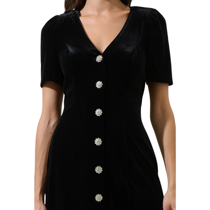 JACKSON VELVET BUTTON MINI DRESS BLACK