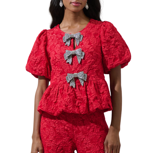 ARIELLE GLOW BOW JACQUARD TOP BURGUNDY