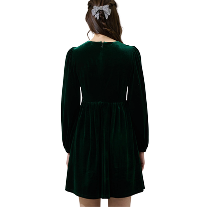 GLOW BOW VELVET DRESS EMERALD