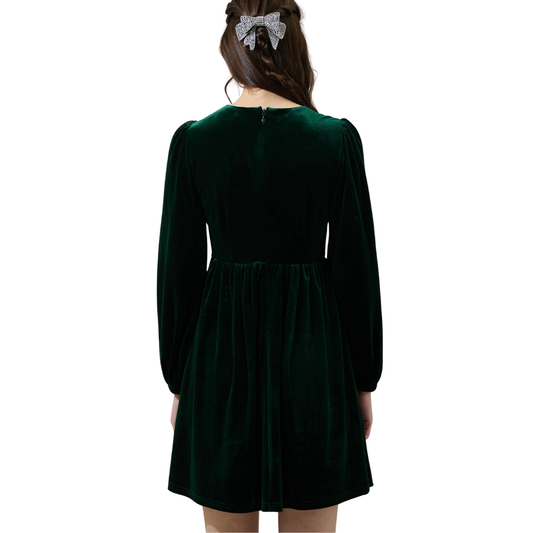 GLOW BOW VELVET DRESS EMERALD