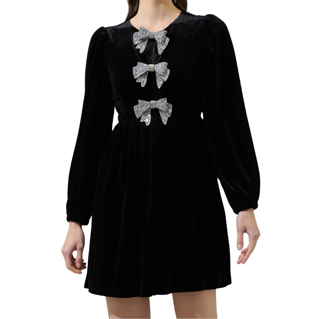 GLOW BOW VELVET DRESS BLACK