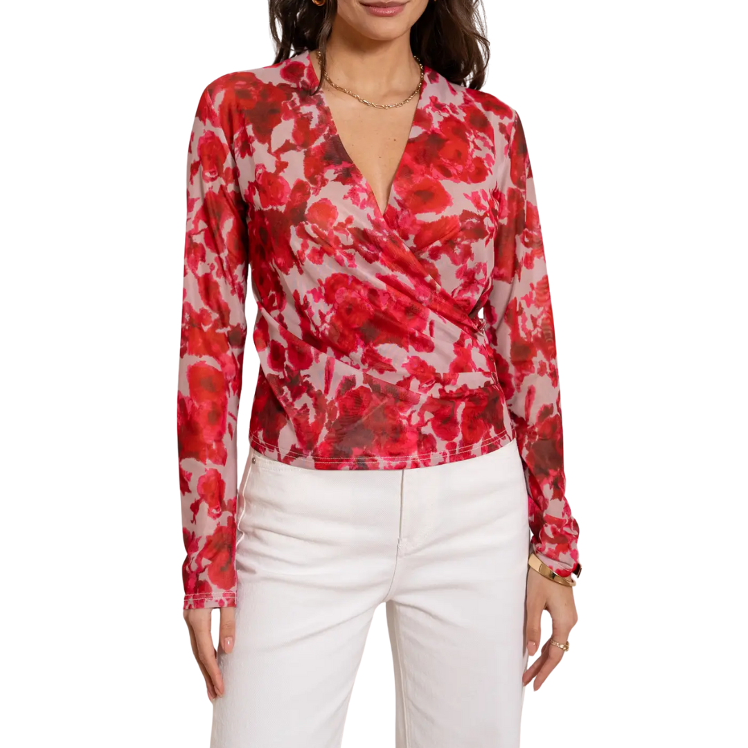 LEOPARD MESH WRAP TOP RED