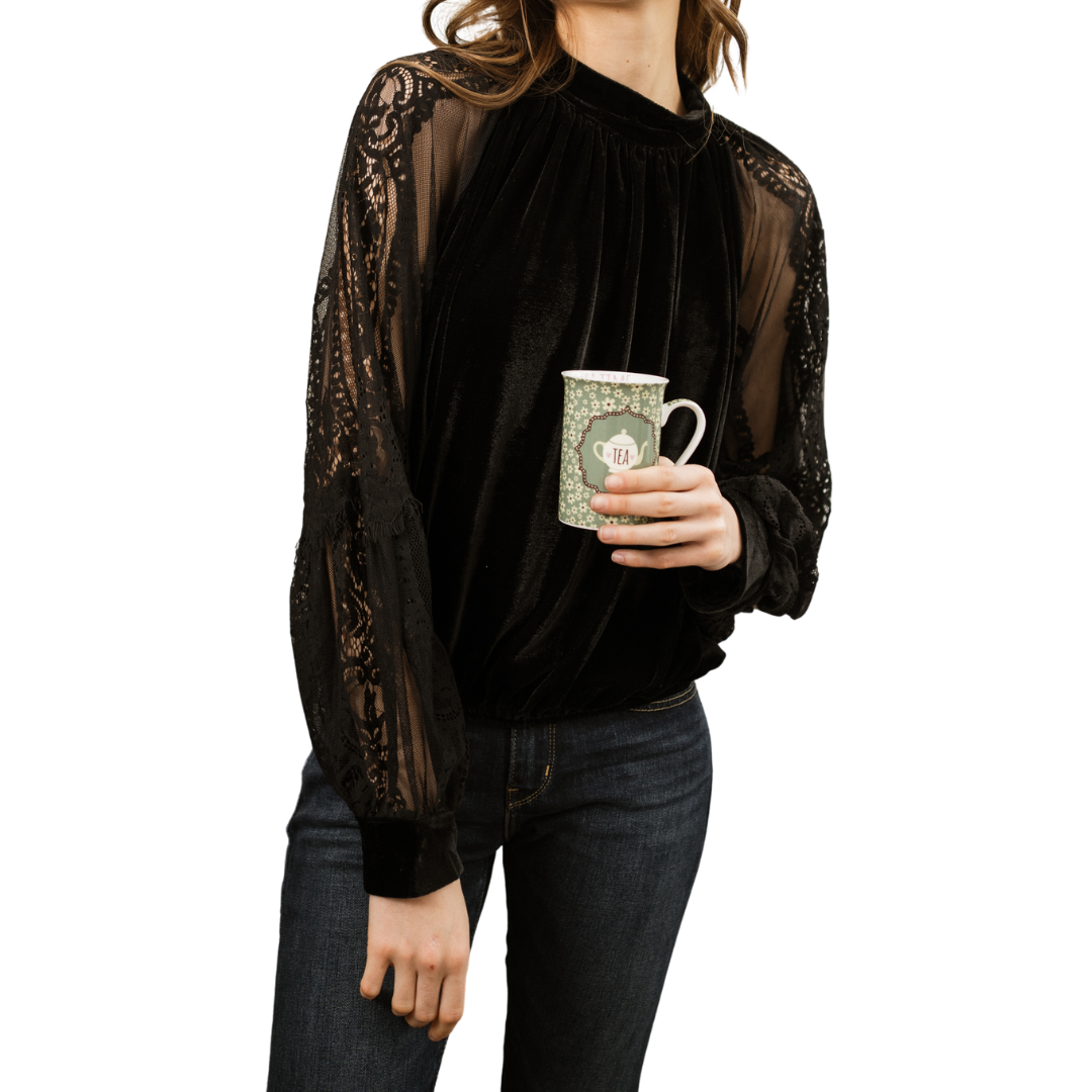 VELVET LACE SLEEVE BLOUSE BLACK