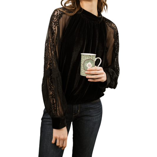 VELVET LACE SLEEVE BLOUSE BLACK