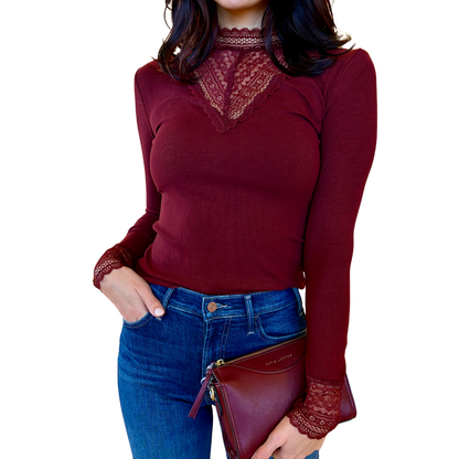 LOUNA LACE HIGH NECK TOP BORDEAUX