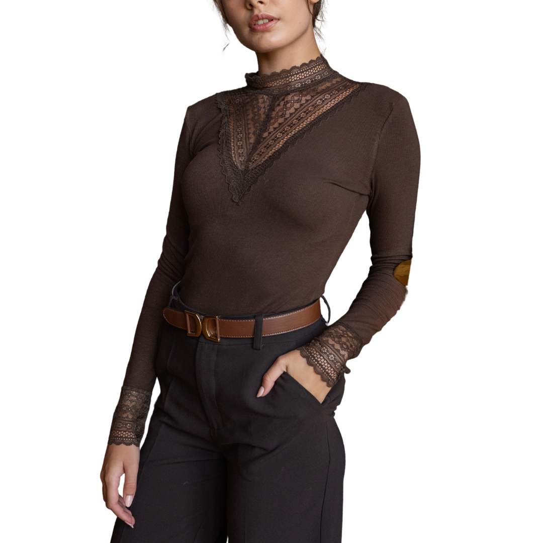 LOUNA LACE HIGH NECK TOP CHOCOLATE