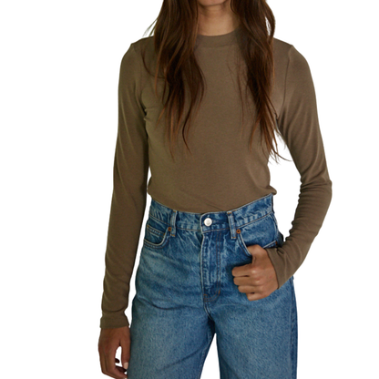 LONG SLEEVE MOCK NECK PULLOVER TOP COFFEE