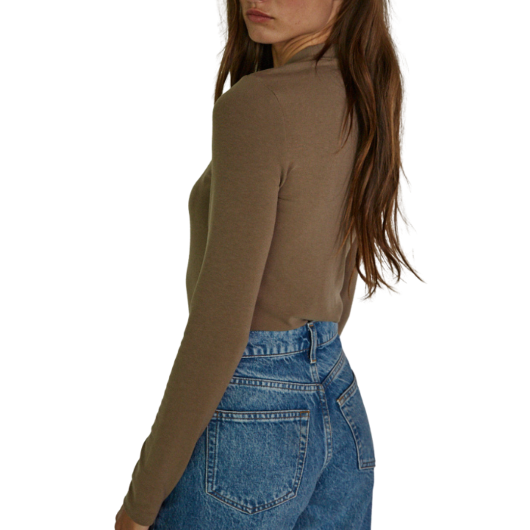LONG SLEEVE MOCK NECK PULLOVER TOP COFFEE