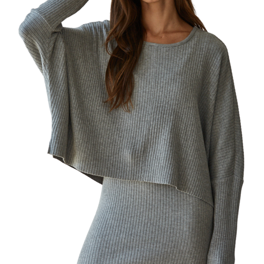 LONG SLEEVE RIBBED SWEATER HEATHER GREY