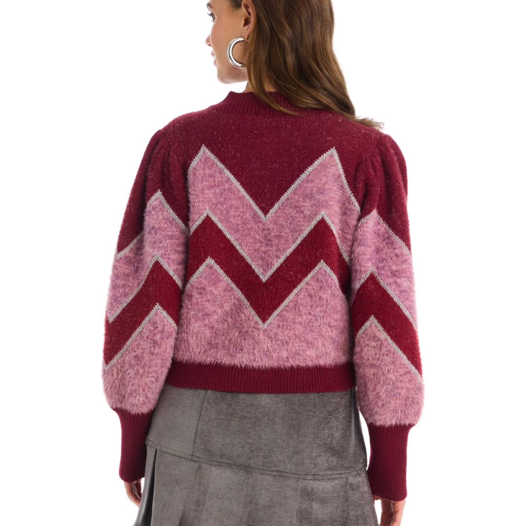 FUZZY CHEVRON CARDIGAN DEEP RED