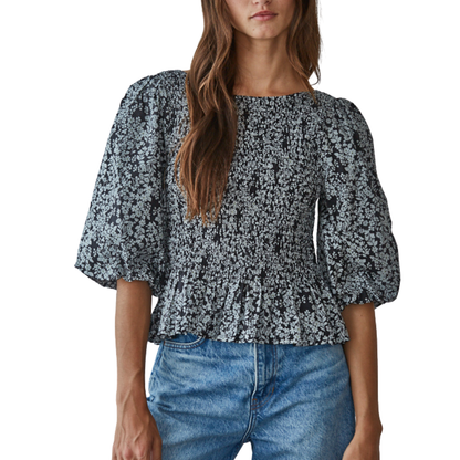 SHORT SLEEVE FLORAL PRINT SMOCKED TOP