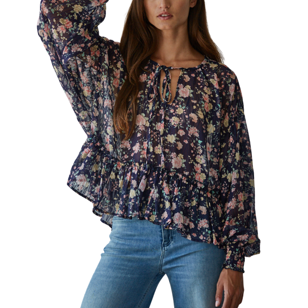 LONG SLEEVE FLORAL PRINT TOP NAVY