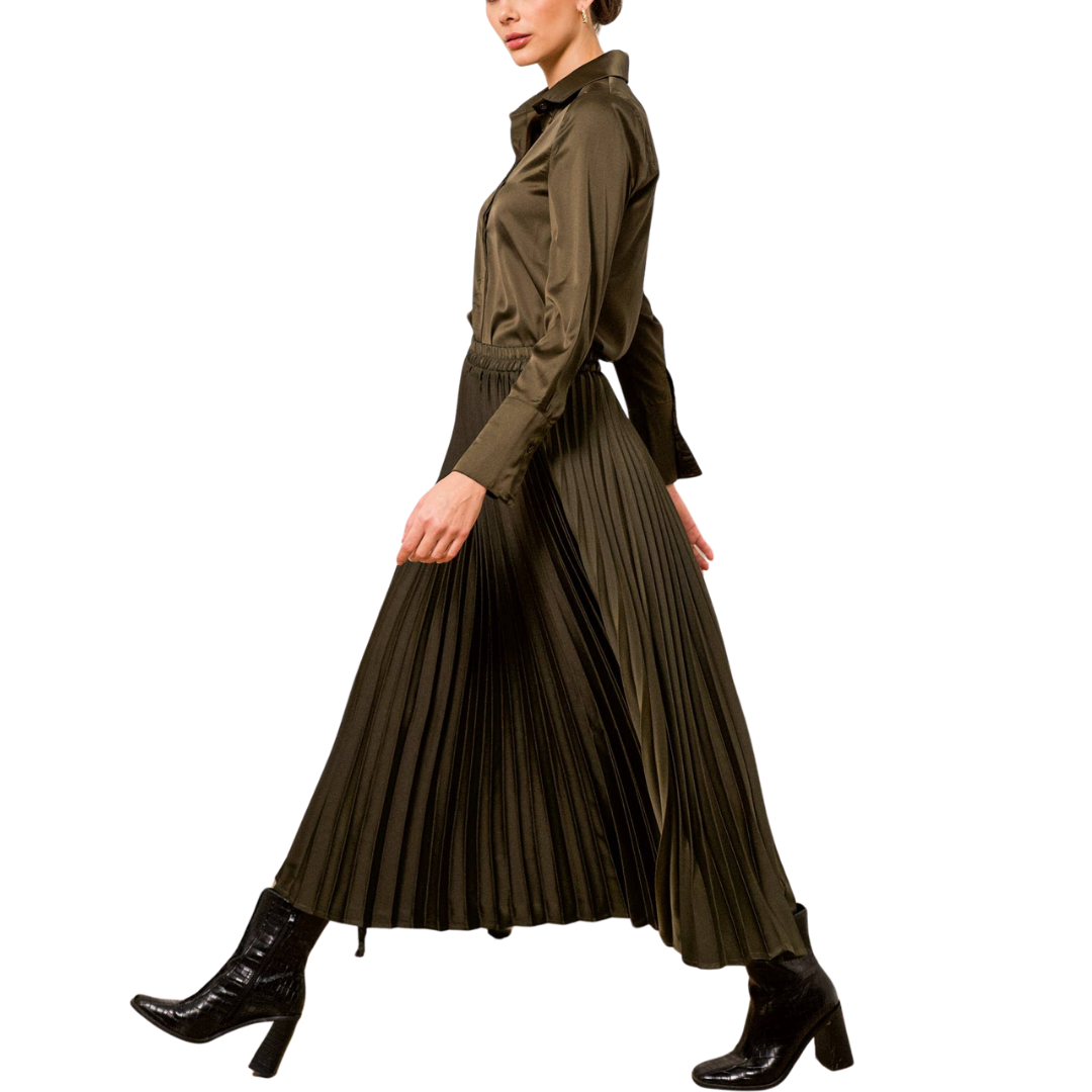SATIN PLEATED SKIRT KHAKI