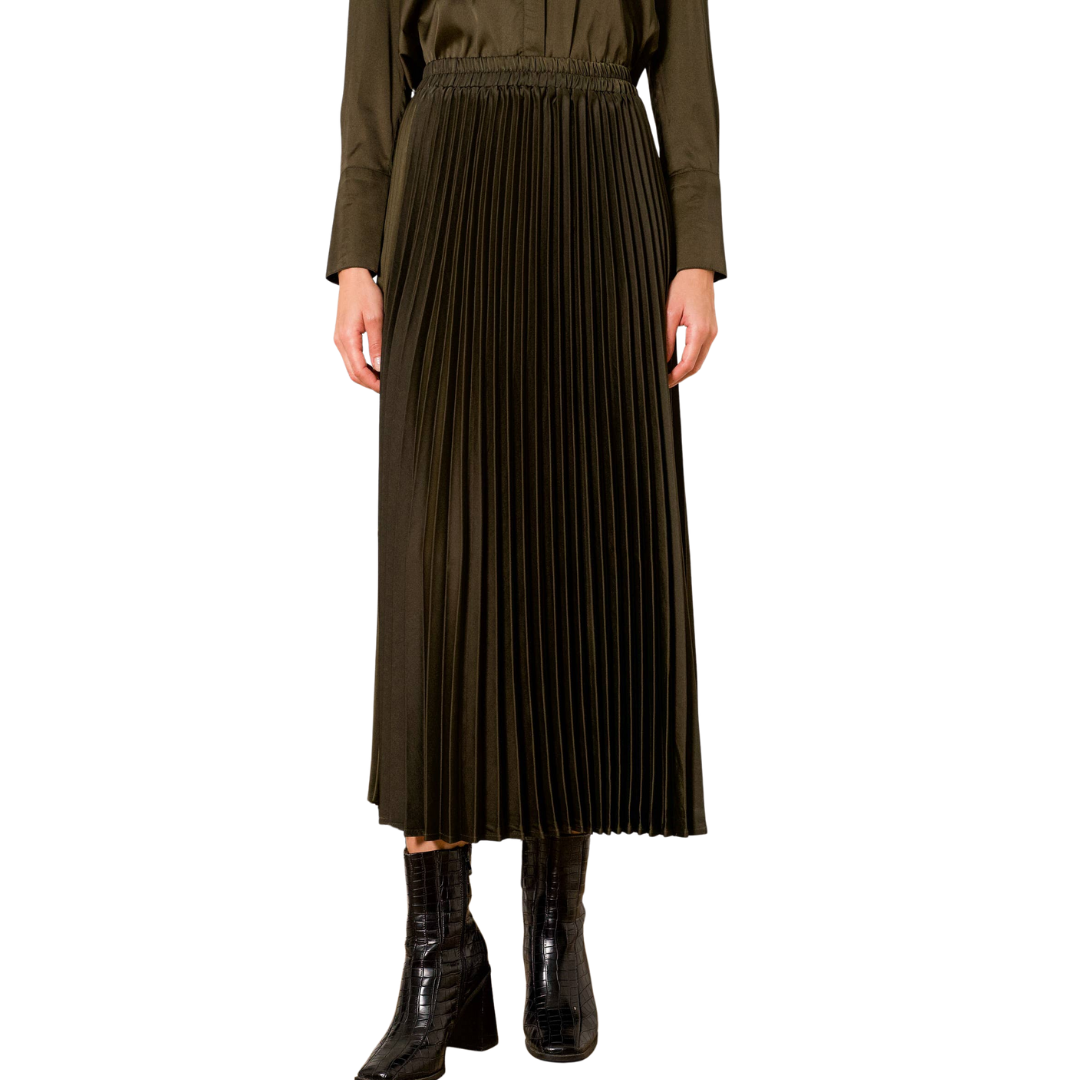 SATIN PLEATED SKIRT KHAKI