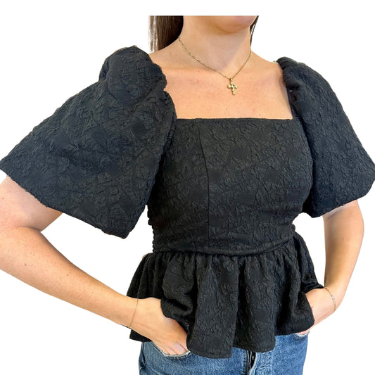 BALLOON SLEEVE JACQUARD TOP BLACK