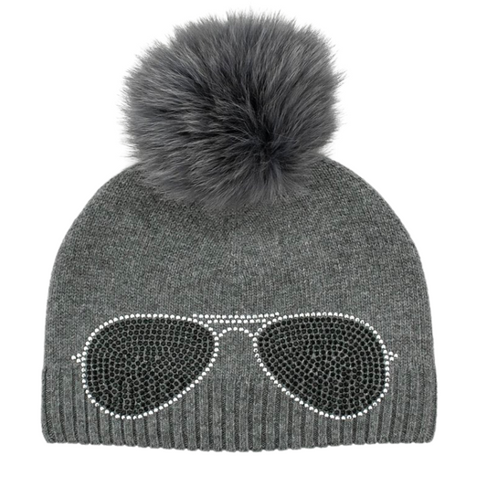 AVIATOR KNIT HAT WITH POMPOM GREY