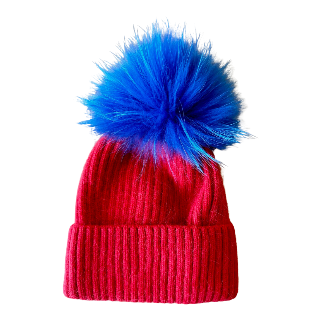 ANGORA WOOL POM BEANIE RED/BLUE