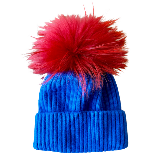 ANGORA WOOL POM BEANIE BLUE/RED