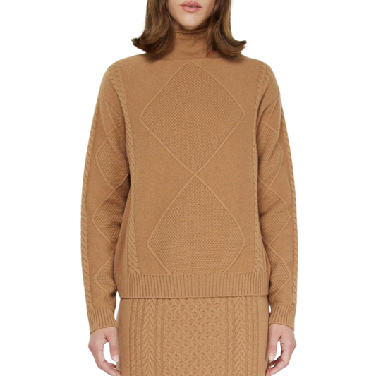 TURTLENECK LONG SLEEVE CABLE SWEATER CARAMEL