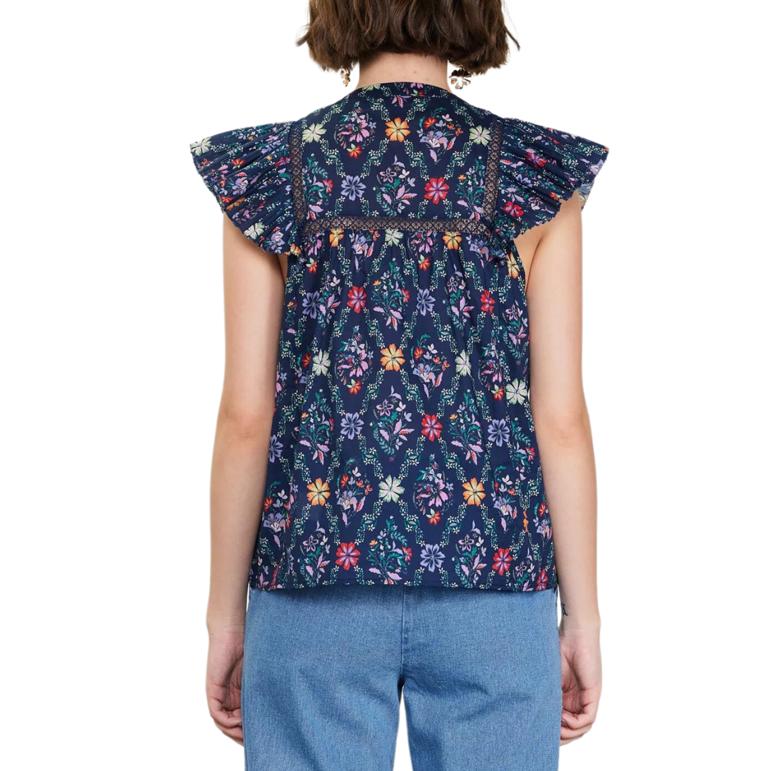 FLORAL PRINT RUFFLE TOP NAVY FLORAL