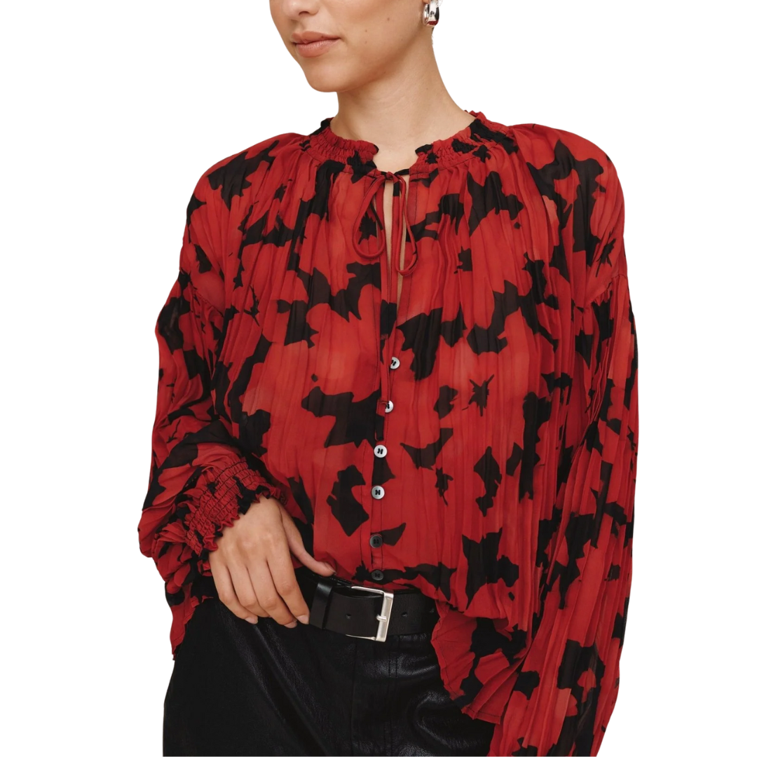 LONG SLEEVE PLEATED SMOCKED BUTTONDOWN RED