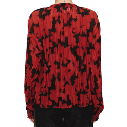 LONG SLEEVE PLEATED SMOCKED BUTTONDOWN RED