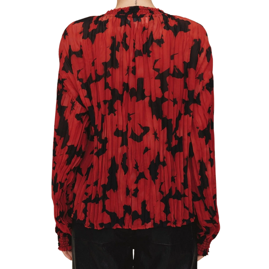 LONG SLEEVE PLEATED SMOCKED BUTTONDOWN RED